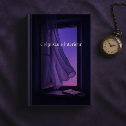 Carnet de deuil Crépuscule intérieur posé sur un drap mauve avec une montre gousset à côté