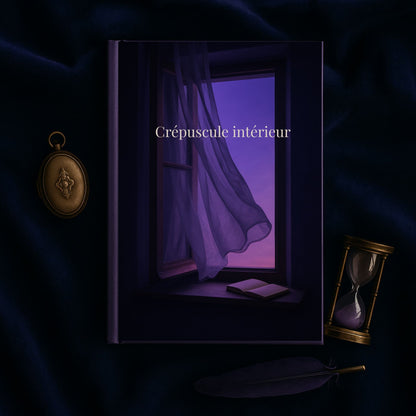 Carnet de deuil Crépuscule intérieur posé sur un drap en velours bleu avec à côté un petit sablier et un pendentif ancien