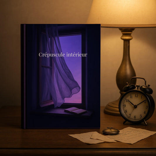 Carnet de deuil Crépuscule intérieur Journal de guérison après la perte d'un être cher. Livre posé sur un meuble en bois foncé sous une lampe de chevet et à côté d'un réveil