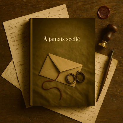 Carnet de deuil - À jamais scellé - journal de guérison posé sur de vieilles lettres, à côté une porte plume ancien, un tampon et un sceau