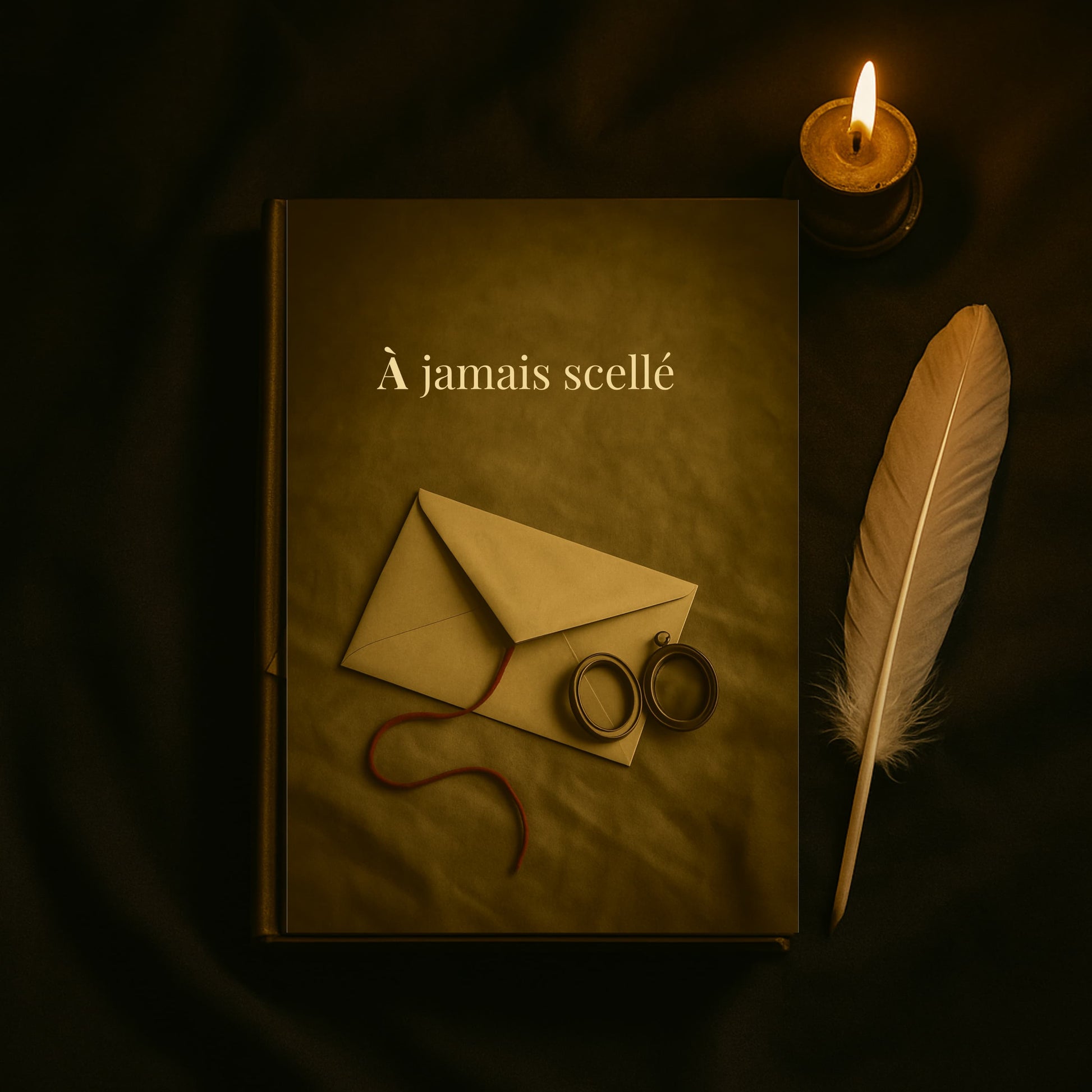 Carnet de deuil - À jamais scellé - journal de guérison posé sur un drap brun foncé avec à côté une plume blanche et une bougie allumée