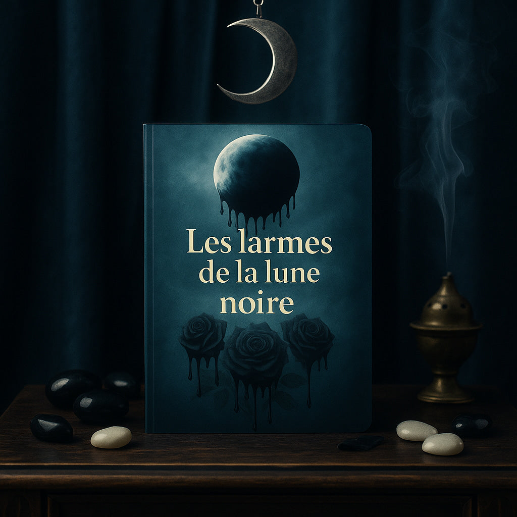 Carnet gothique posé sur un meuble en bois entouré de pierres blanches et noires, d'encens et au-dessus un pendentif en forme de lune