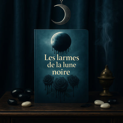 Carnet gothique posé sur un meuble en bois avec ces pierres et de l'encens ) côté