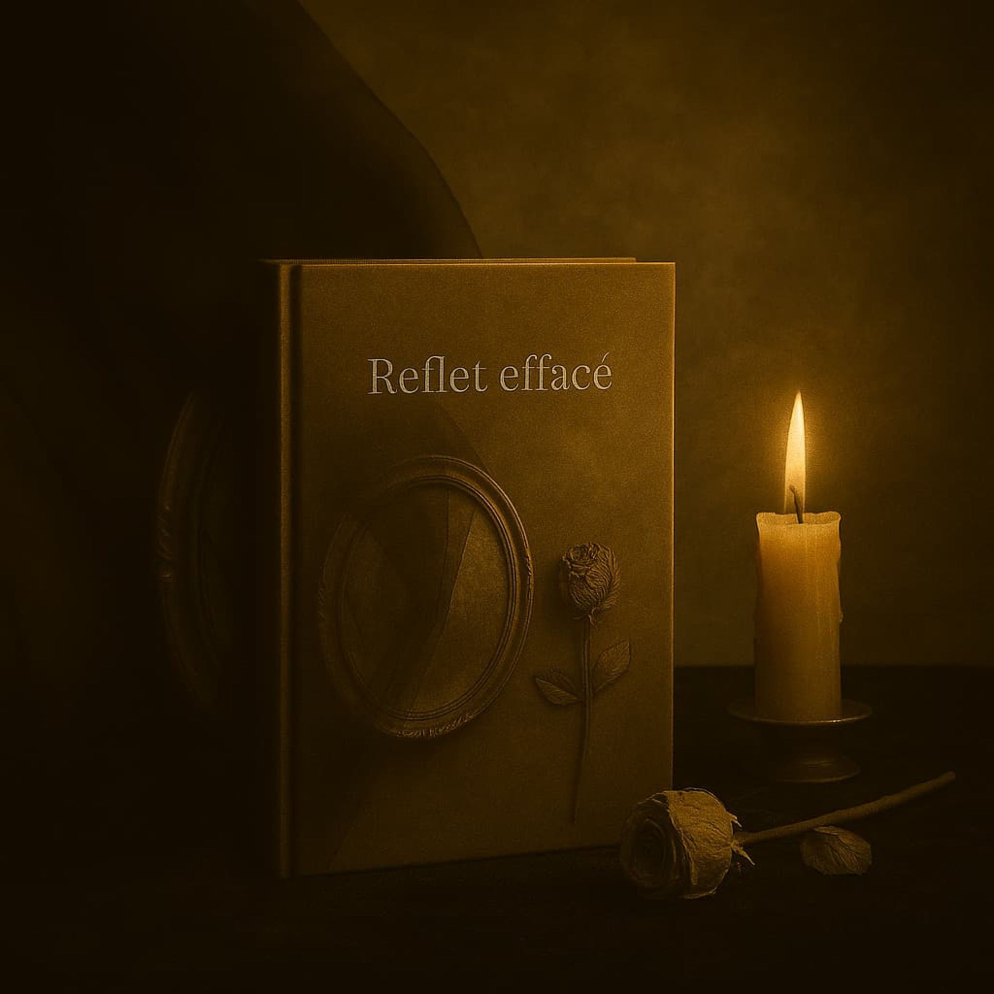 Carnet de deuil - Reflet effacé - Journal de guérison posé près d'une bougie allumée et une rose blanche séchée