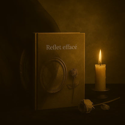 Carnet de deuil - Reflet effacé - Journal de guérison posé près d'une bougie allumée et une rose blanche séchée