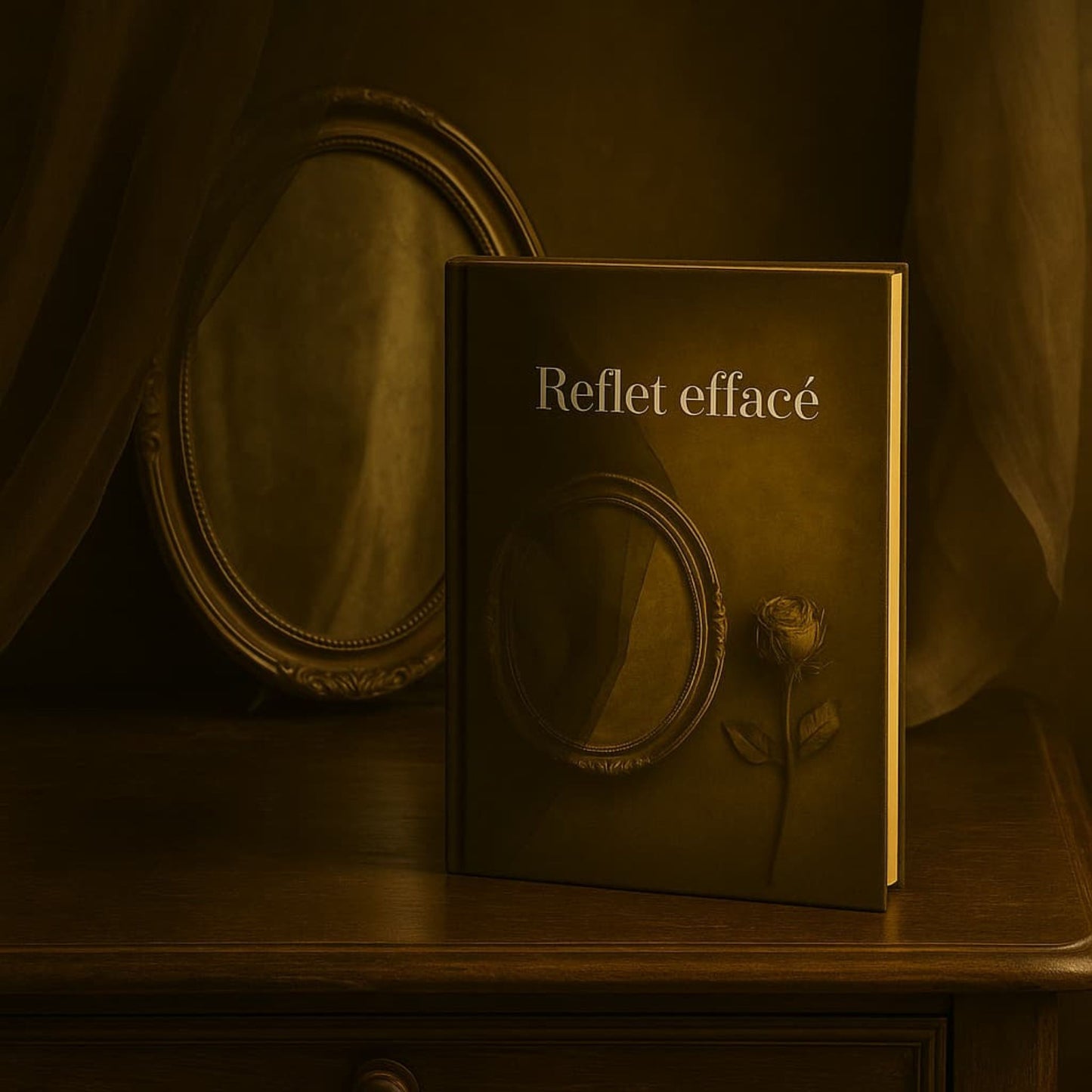 Carnet de deuil - Reflet effacé - Journal de guérison posé près d'un vieux miroir