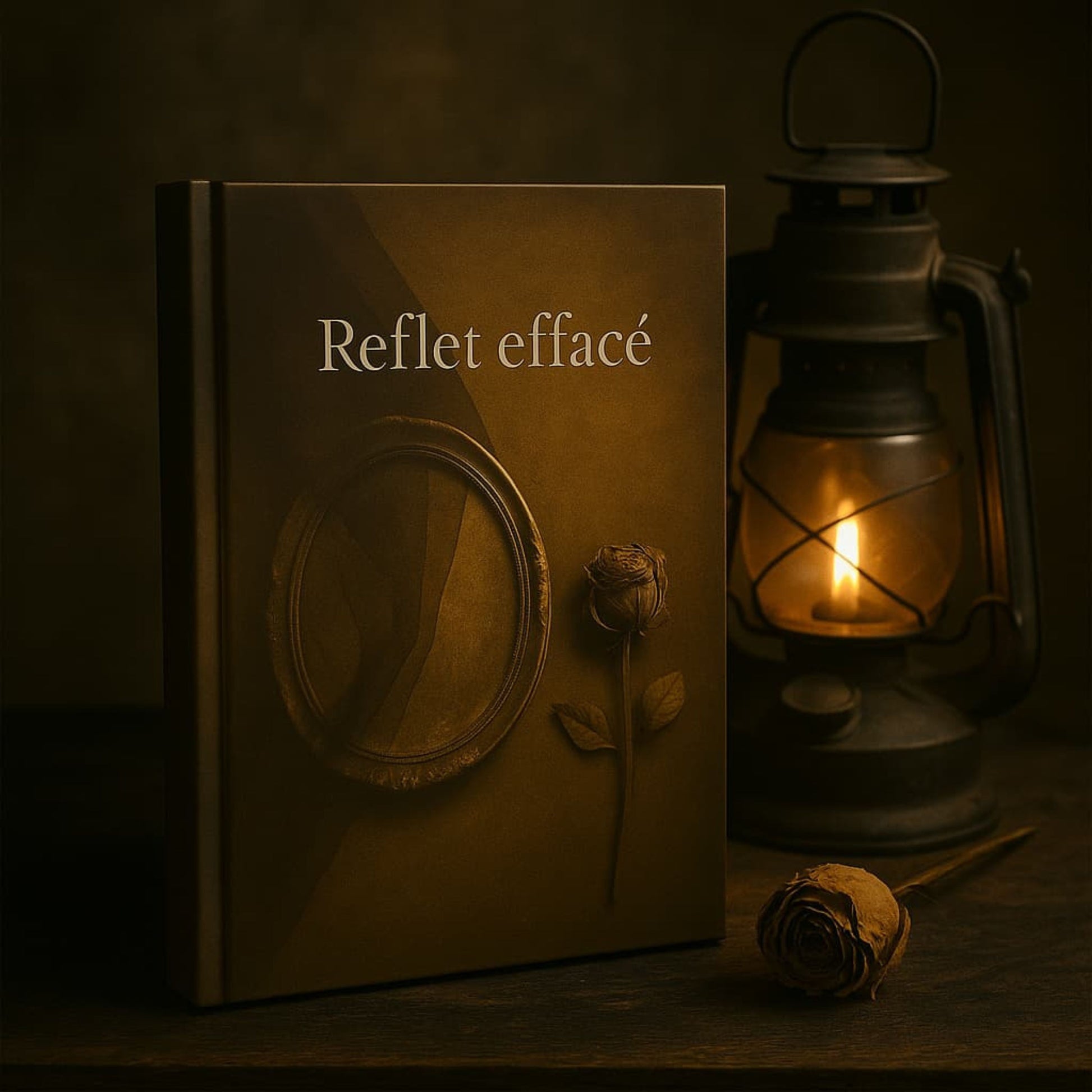 Carnet de deuil - Reflet effacé - Journal de guérison posé près d'une lampe et d'une rose blanche séchée