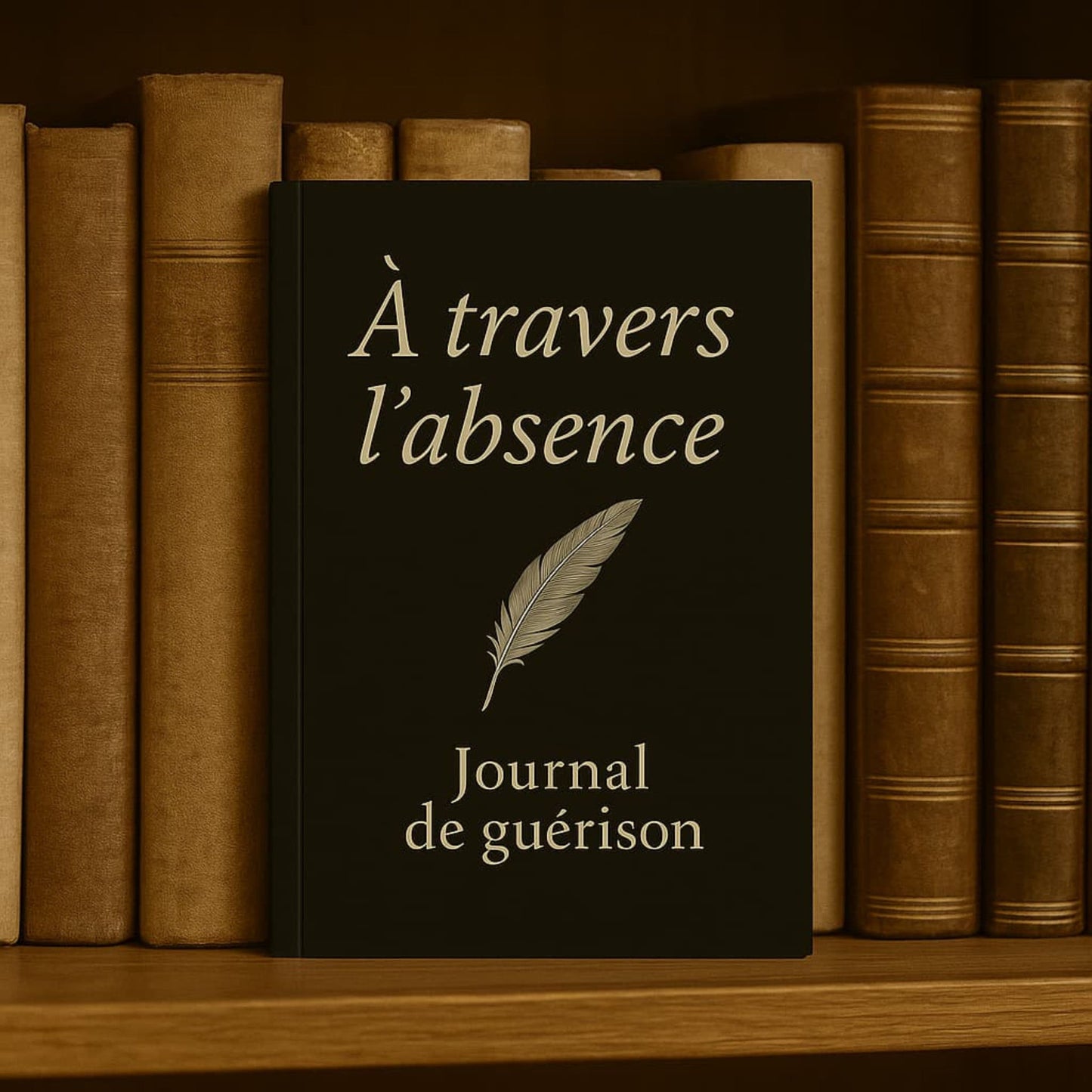 Carnet de deuil - À travers l'absence - Journal de guérison posé dans une bibliothèque contre d'anciens livres