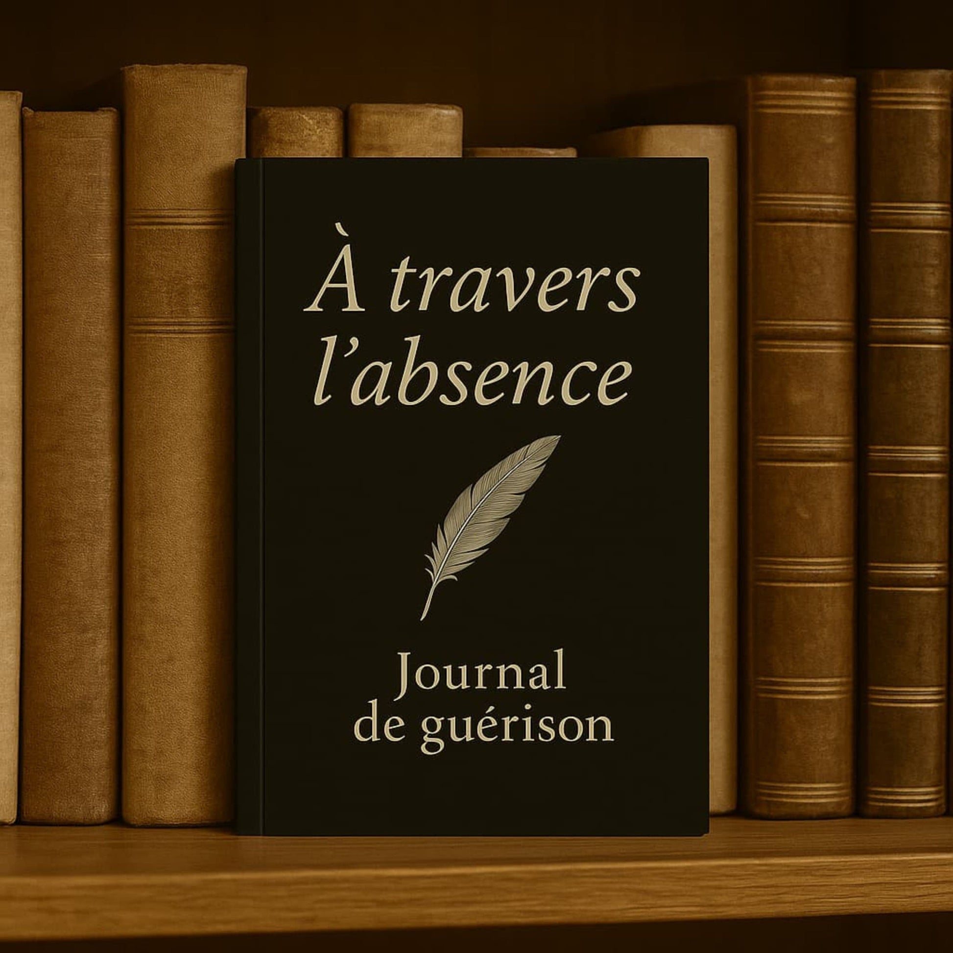 Carnet de deuil - À travers l'absence - Journal de guérison posé dans une bibliothèque contre d'anciens livres