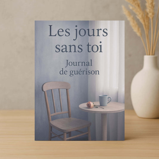 Carnet de deuil - Les jours sans toi - Journal de guérison posé à la verticale sur une table en bois avec un pot blanc fleuri à côté