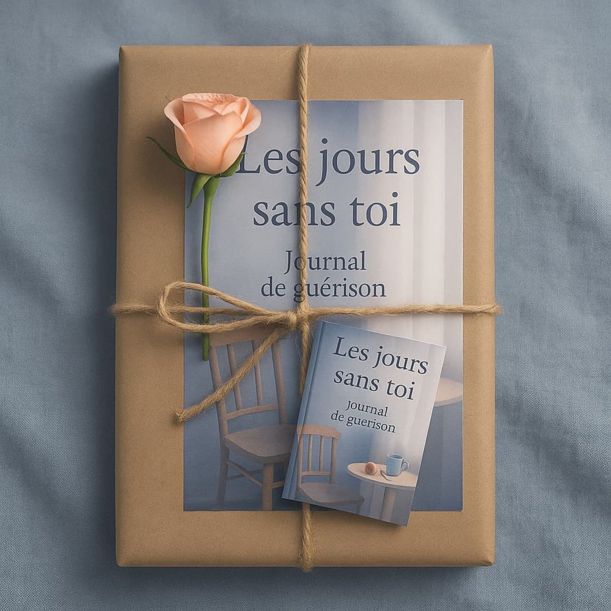 Carnet de deuil - Les jours sans toi - Journal de guérison sur un paquet cadeau entouré de cordes