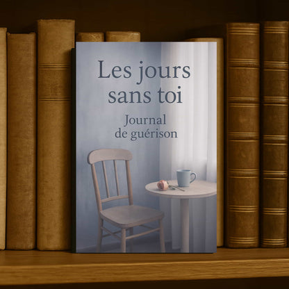 Carnet de deuil - Les jours sans toi - Journal de guérison posé à la verticale dans une bibliothèque contre d'anciens livres