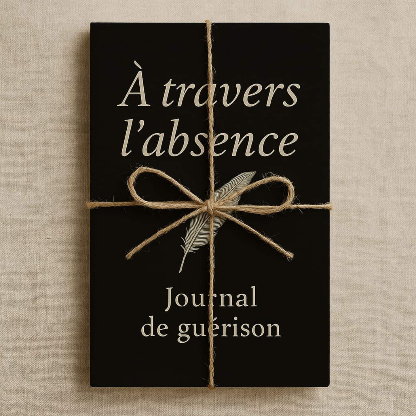 Carnet de deuil - À travers l'absence - Journal de guérison posé sur un drap en coton beige emballé en cadeau avec de la corde