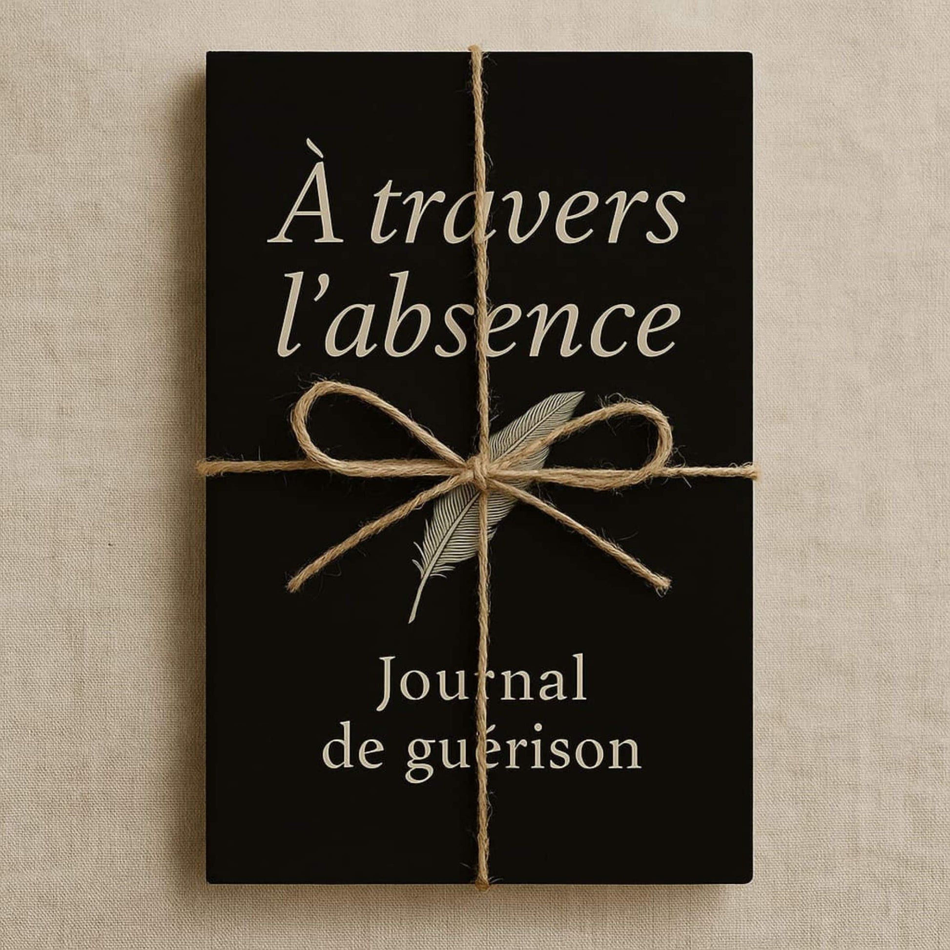 Carnet de deuil - À travers l'absence - Journal de guérison posé sur un drap en coton beige emballé en cadeau avec de la corde
