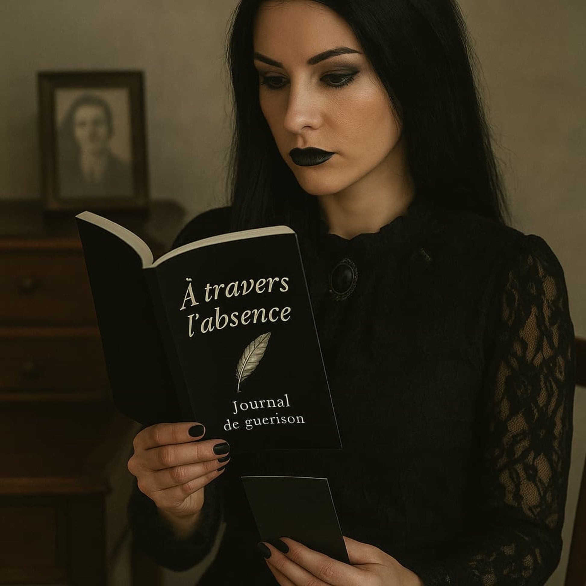Carnet de deuil - À travers l'absence - Journal de guérison tenu dans la main d'une femme gothique qui tient dans l'autre main une photo