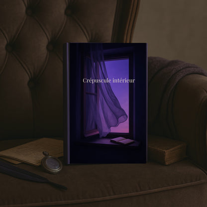 Carnet de deuil Crépuscule intérieur - livre posé à la verticale sur le coussin en velours d'un fauteuil ancien. À côté un vieux livre, une montre gousset, une plume noire et d'anciennes lettres