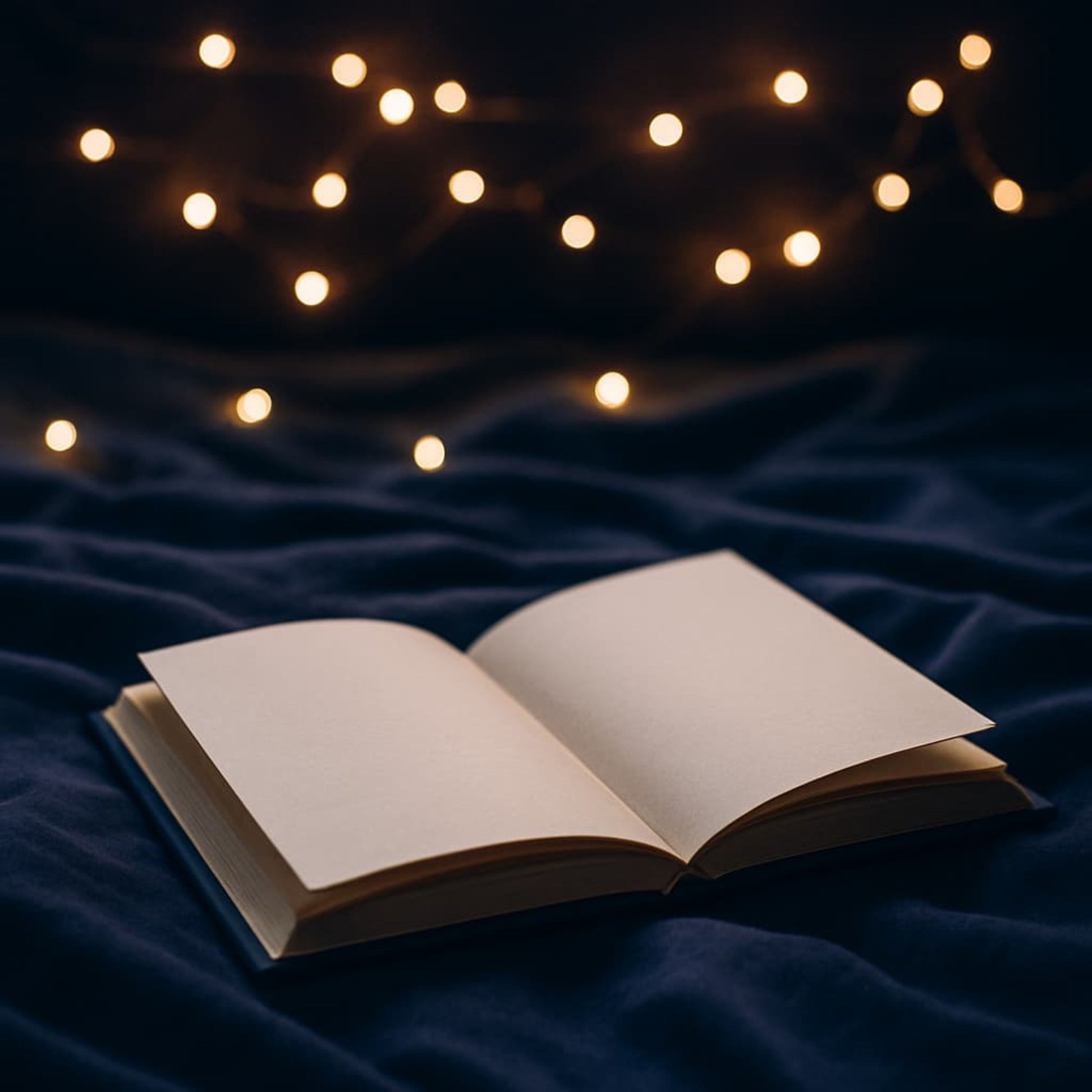 Carnet de deuil Crépuscule intérieur livre ouvert sur des pages blanches, posé sur un drap bleu, de petites lampes en arrière plan