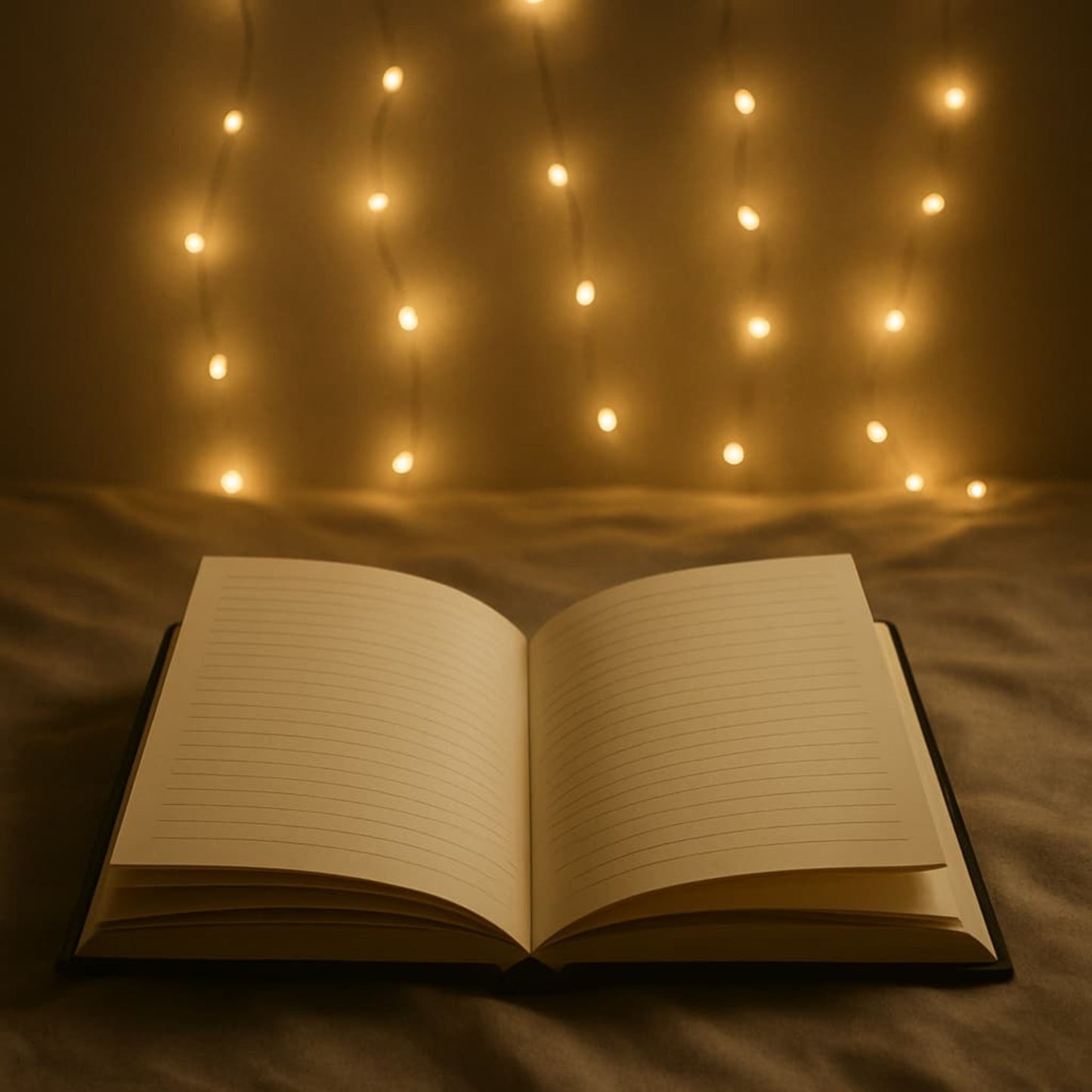 Carnet de deuil Crépuscule intérieur livre ouvert sur des pages lignées sur un drap velours avec de petites lampes contre le mur