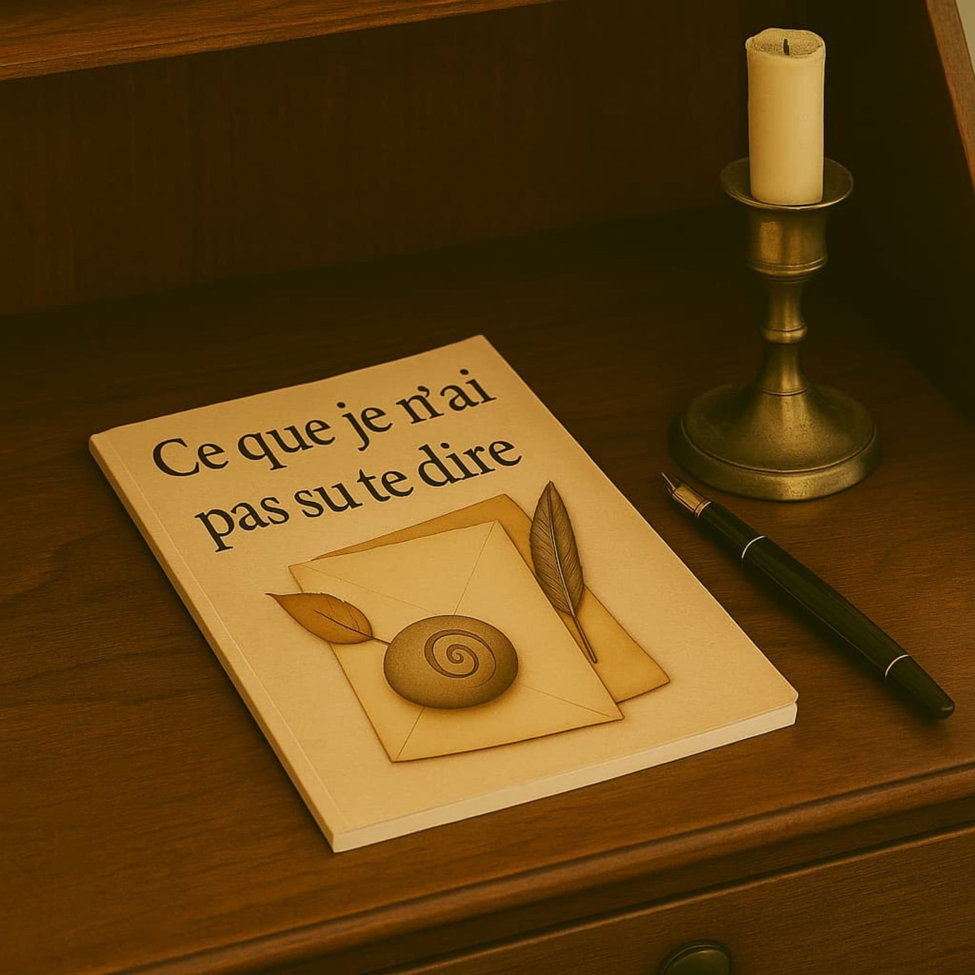 Carnet de deuil - Ce que je n'ai pas su te dire - Journal de guérison posé sur un secrétaire avec bougie et stylo