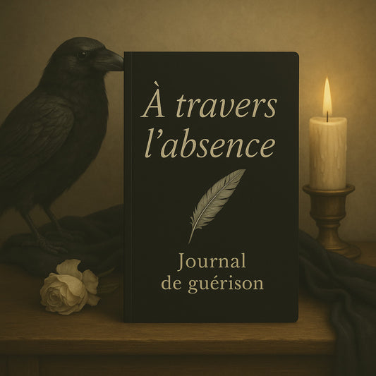 Carnet de deuil - À travers l'absence - Journal de guérison gothique posé à la verticale sur un meuble en bois entouré d'une bougie allumée, un corbeau, une rose blanche et une écharpe noire