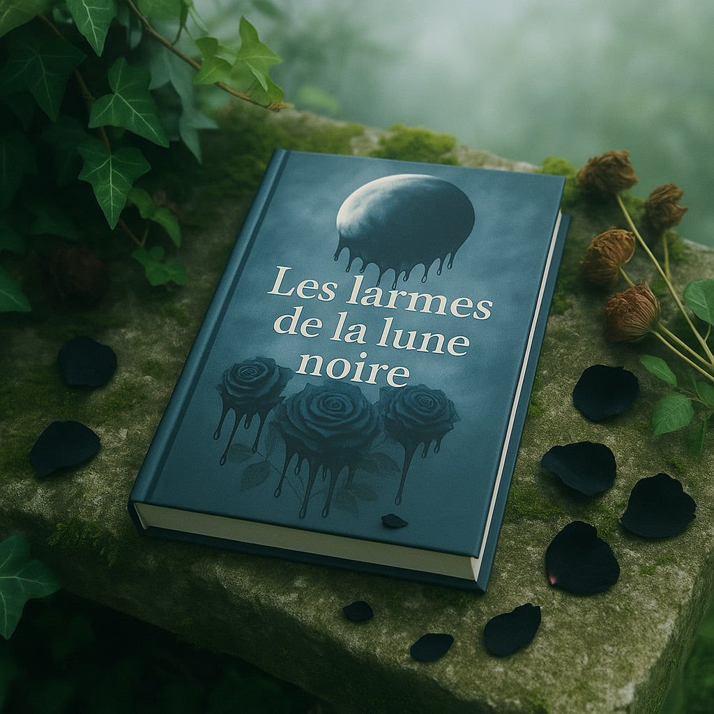 Carnet gothique déposé sur une pierre entouré de pétales de roses noires