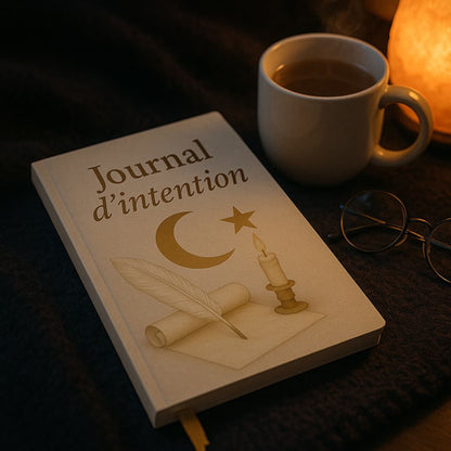 Carnet de rituel Journal d'intention posé sur un coussin foncé avec une tasse de thé, des lunettes et une lampe à côté