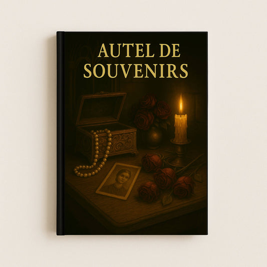 Couverture avant carnet gothique de souvenirs représentant un coffret avec bijou, des roses rouges fanées, une bougie éclaire une photo ancienne