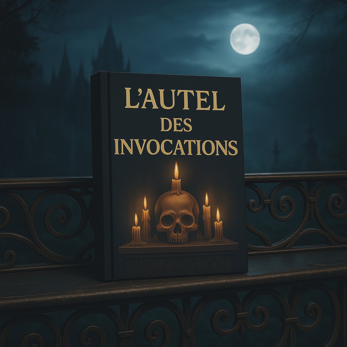 Carnet gothique placé sur une rambarde métallique près d'un cimetière