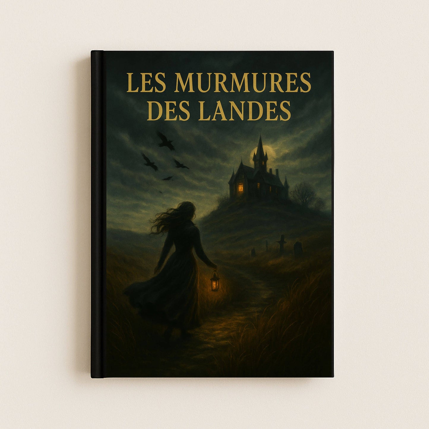 Carnet inspiré du roman gothique "Hauts de Hurlevent" avec ses champs, un manoir et une femme s'y rendant