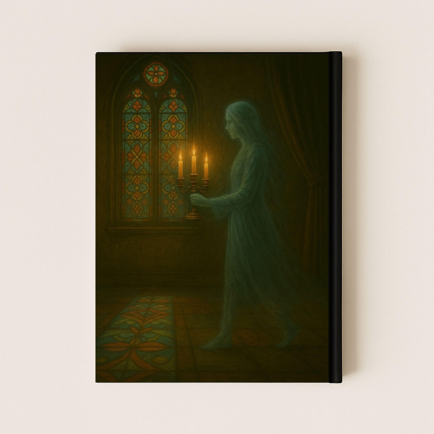 Carnet gothique avec une belle couverture arrière où l'on, aperçoit une silhouette fantôme marcher un chandelier dans la main