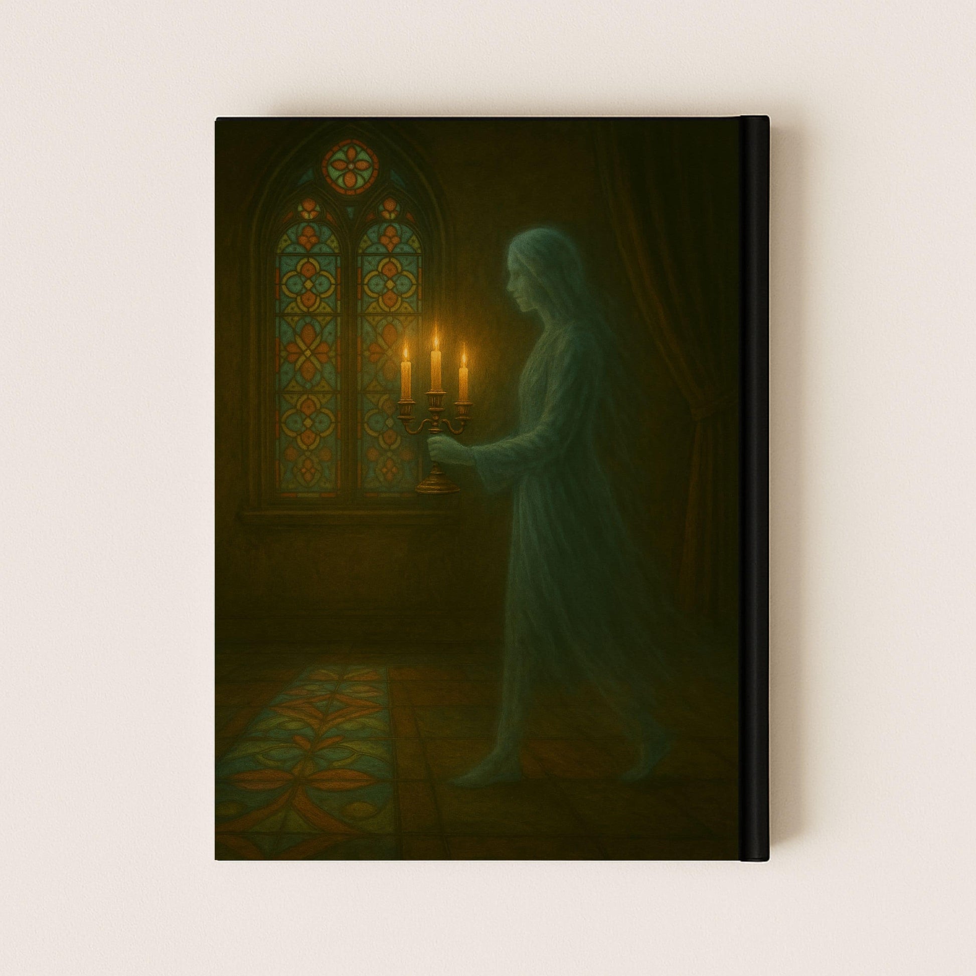 Carnet gothique avec une belle couverture arrière où l'on, aperçoit une silhouette fantôme marcher un chandelier dans la main
