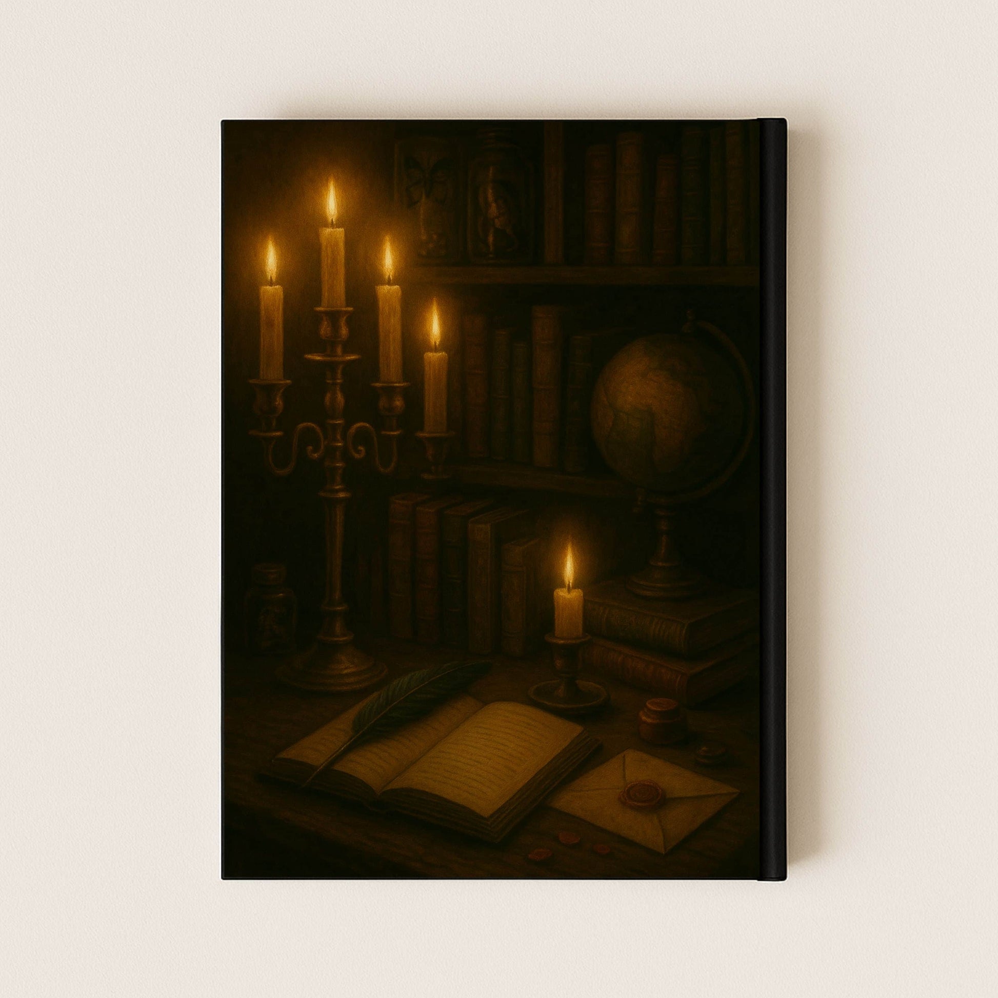 Couverture arrière carnet gothique représentant un livre ouvert, un chandelier allumé, une bougie et des livres anciens