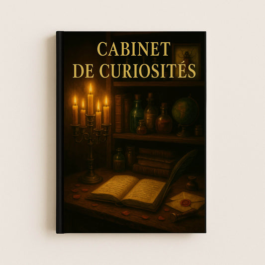 Couverture avant du carnet gothique représentant un bureau orné d'un livre, d'un chandelier, de fioles et de livres anciens