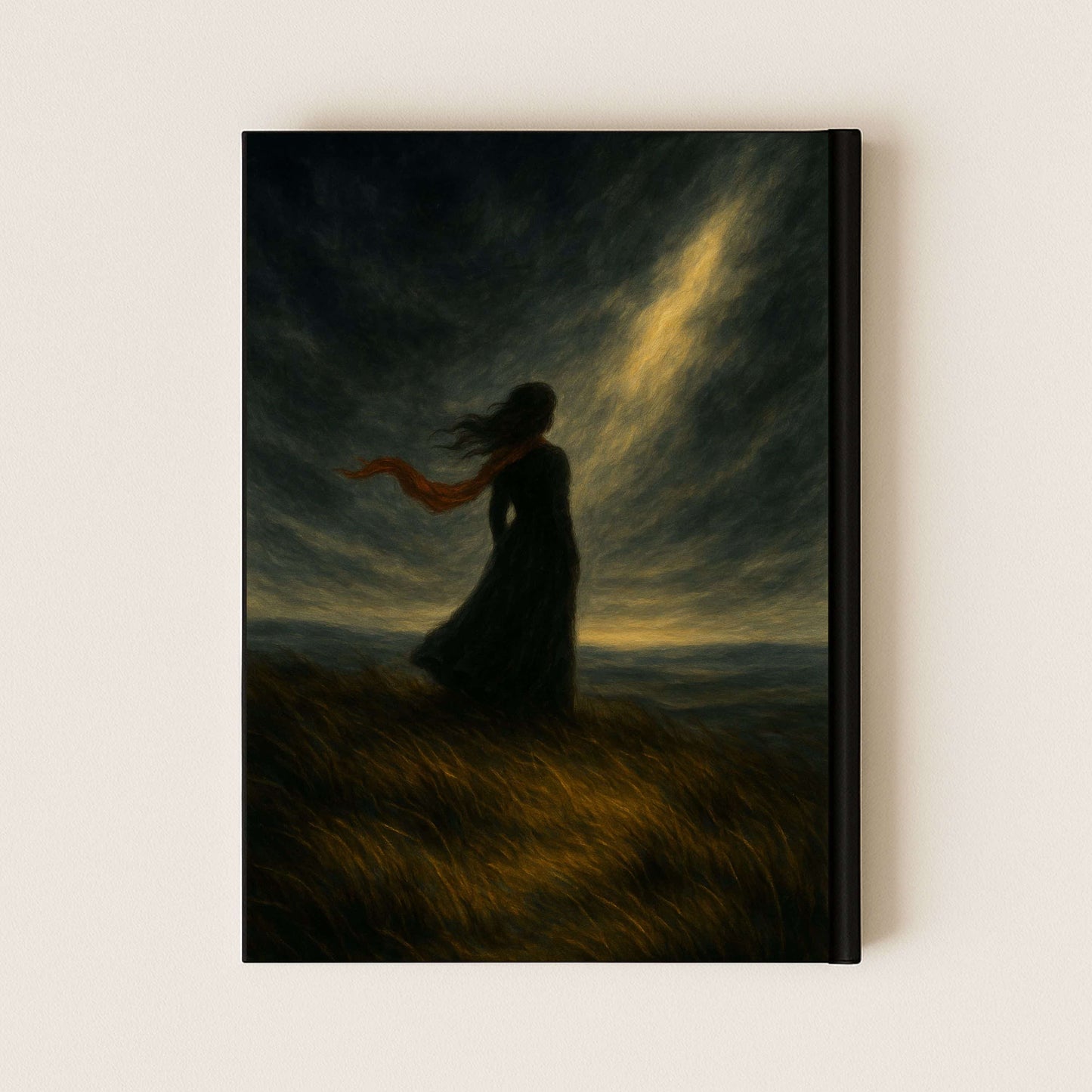 Une femme avec un foulard rouge dans un champ regarde au loin au bord d'une colline. Inspiré du roman Les Hauts de Hurlevent.