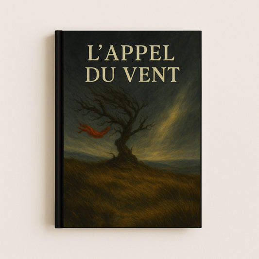 couverture avant d un carnet gothique inspiré du livre Les Hauts du Hurlevent". Un arbre dénudé au vent dans un champs avec un foulard rouge au bout d'une branche