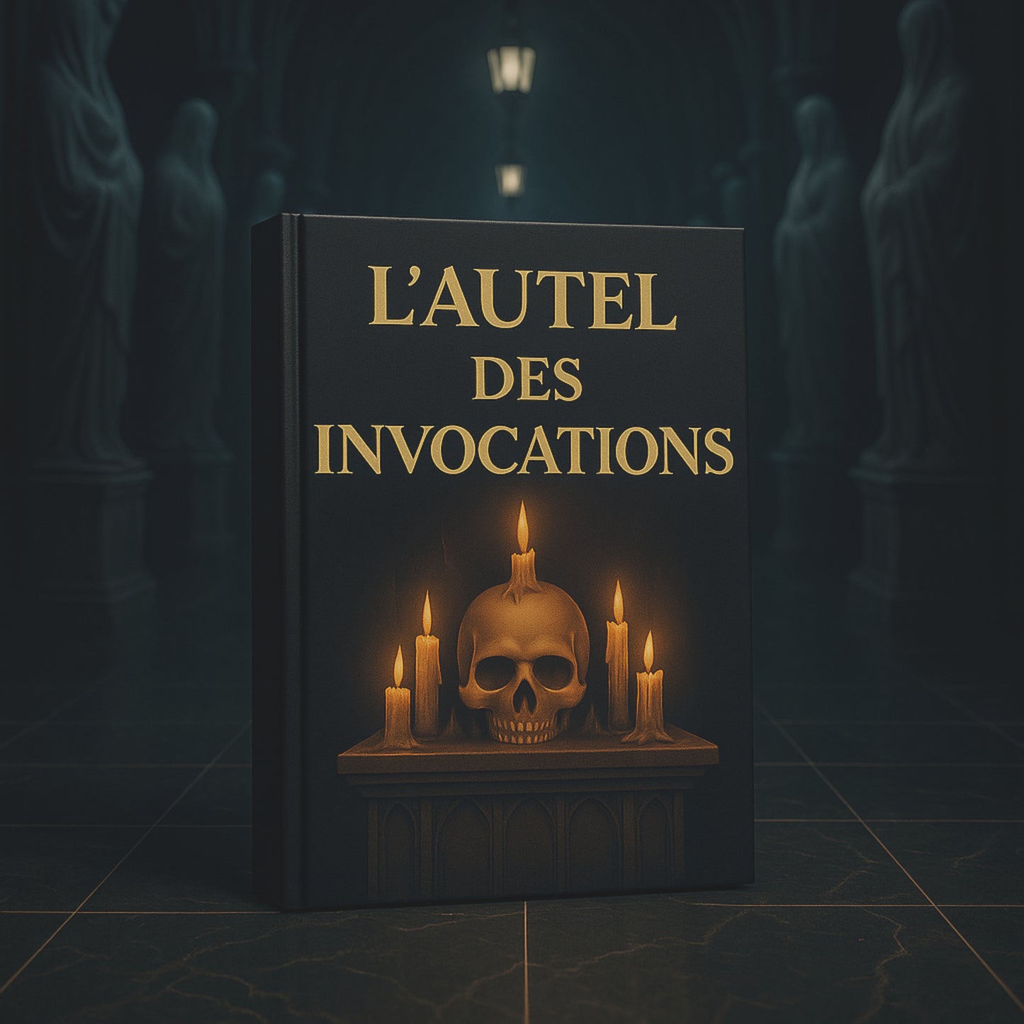 Carnet gothique avec une couverture avant représentant une tête de mort posée sur un autel avec une bougie sur le haut et à côté
