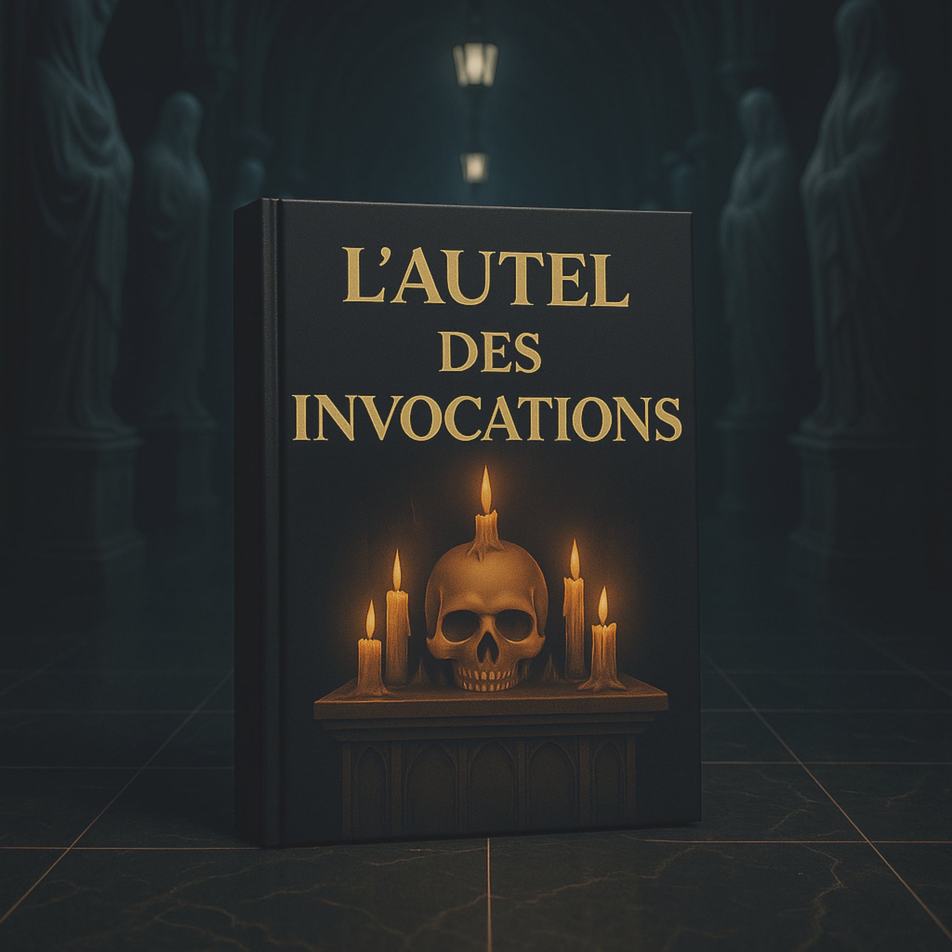 Carnet gothique avec une couverture avant représentant une tête de mort posée sur un autel avec une bougie sur le haut et à côté