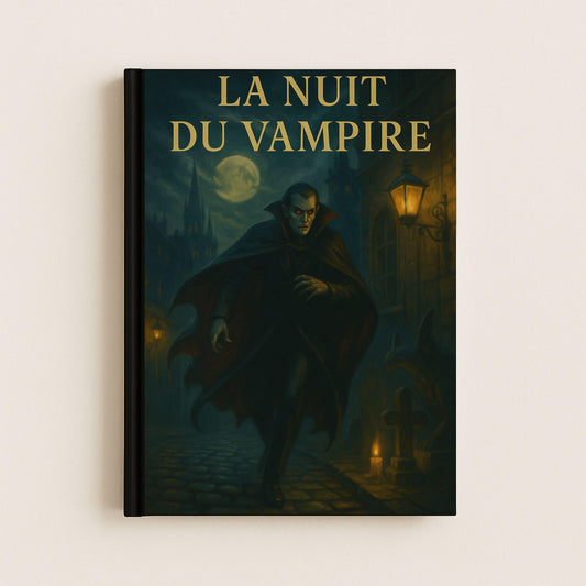carnet gothique représentant un vampire errant dans les rues, un manoir en arrière plan