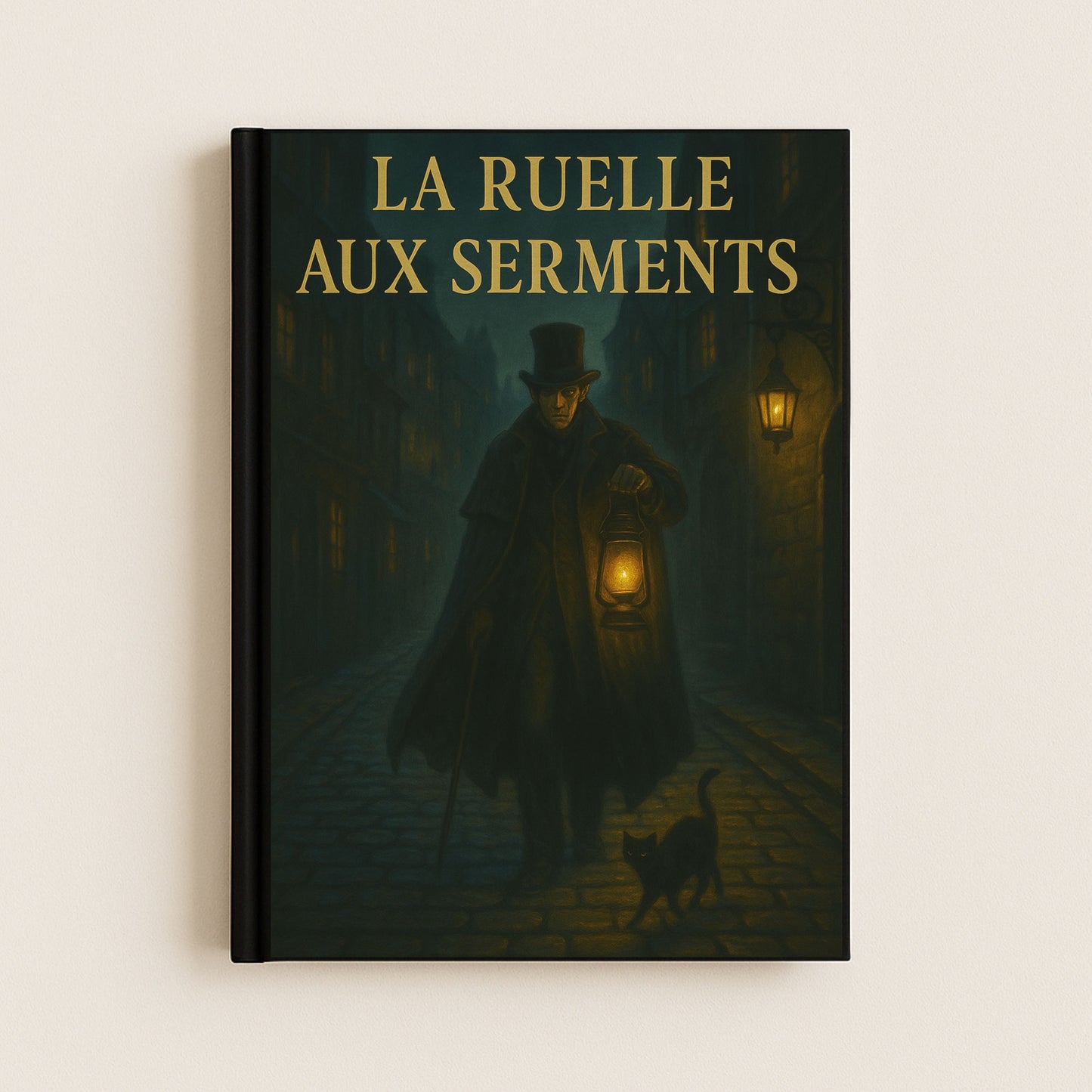 La couverture de ce carnet gothique représente un major d'homme avec une cape noire rôdant la nuit dans les rues avec un chat noir