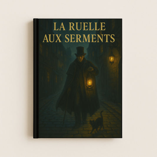 La couverture de ce carnet gothique représente un major d'homme avec une cape noire rôdant la nuit dans les rues avec un chat noir