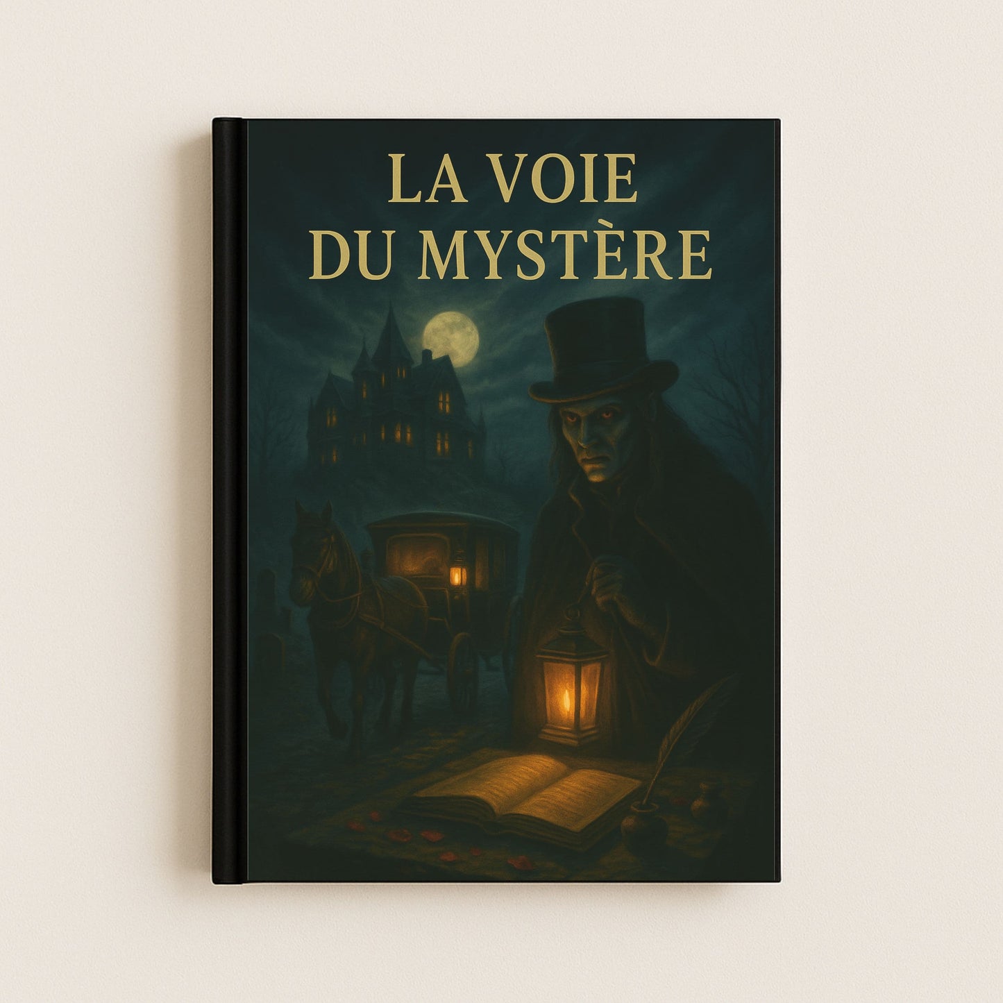 Couverture du carnet gothique représentant un cocher vampire avec son calèche et un manoir