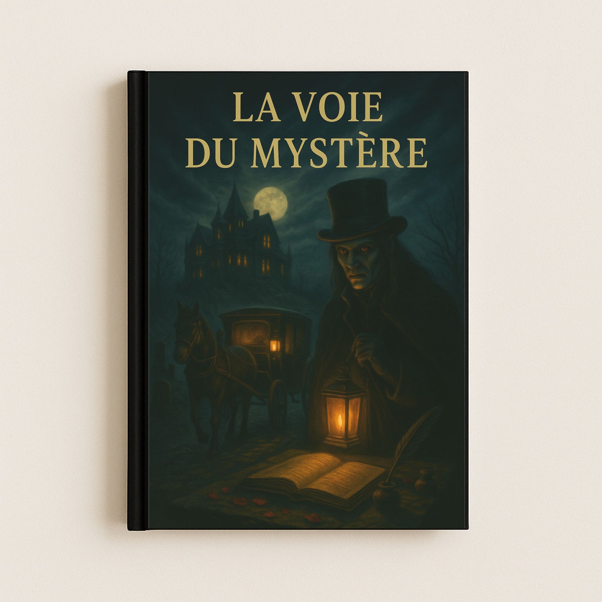 Couverture du carnet gothique représentant un cocher vampire avec son calèche et un manoir