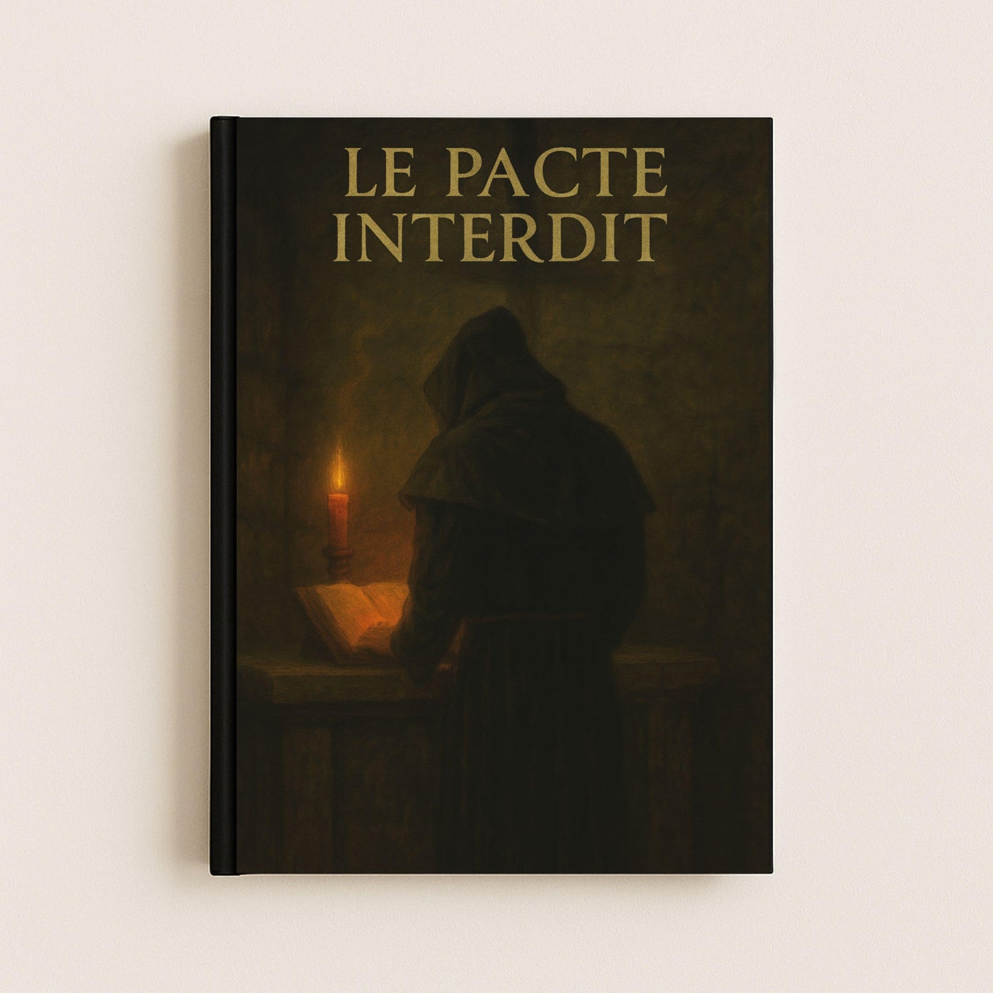 Carnet gothique dont la couverture avant est représentée par un moine devant un livre ouvert sur un autel éclairé par une bougie.
