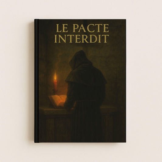 Carnet gothique dont la couverture avant est représentée par un moine devant un livre ouvert sur un autel éclairé par une bougie.