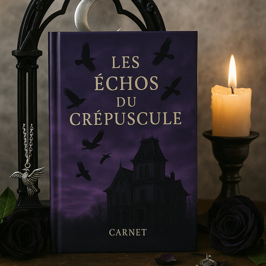 Carnet gothique dont la couverture avant représente un manoir entouré de corbeaux et éclairé par un ciel violet.