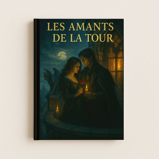 Carnet gothique dont la couverture avant représente un couple sur la terrasse d'un manoir. La femme tient une rose et l'homme une bougie. Une gargouille orne la terrasse.