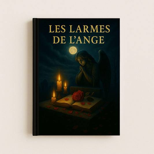 Couverture avant d'un carnet gothique représentant un ange priant devant un livre ouvert recouvert d'une rose rouge, de pétales de roses et d'une bougie allumée