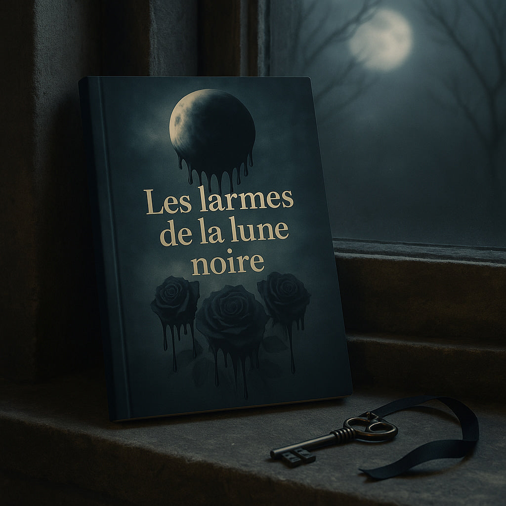 Carnet gothique dont la couverture représente la lune qui pleure ainsi que des roses noires qui pleurent