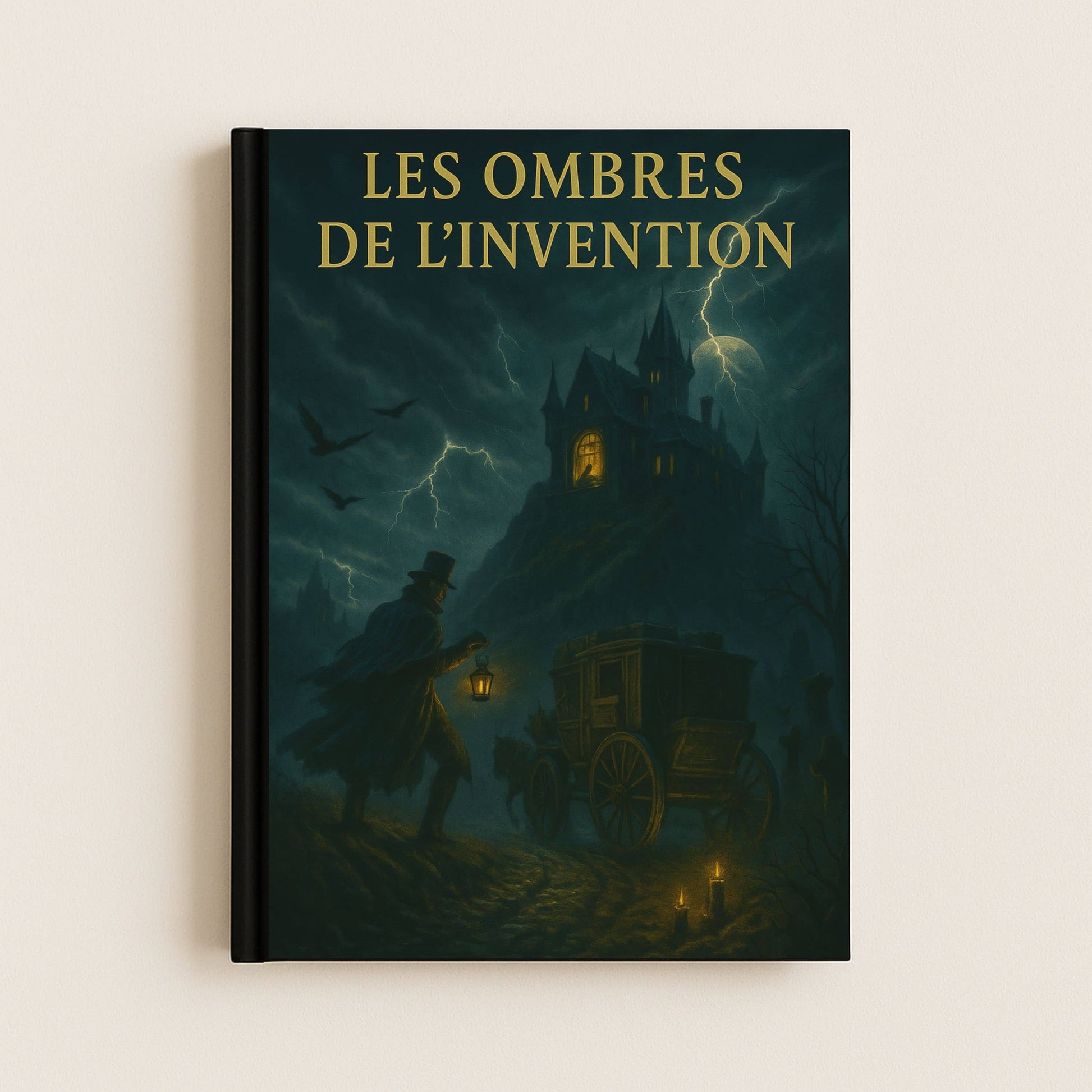 Carnet gothique inspiré de l'histoire de Frankenstein. Une calèche s'approche du manoir du Docteur occupé à ses inventions