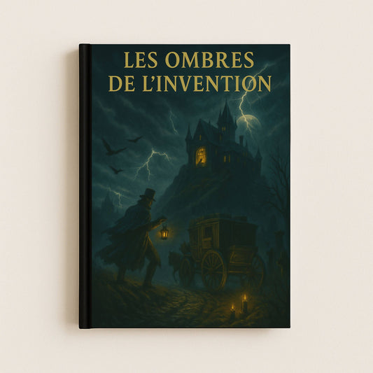 Carnet gothique inspiré de l'histoire de Frankenstein. Une calèche s'approche du manoir du Docteur occupé à ses inventions